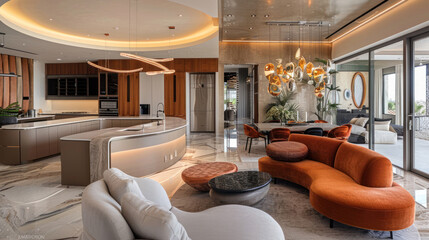 Modern home decor trend featuring curved furniture, earth tones, and statement lighting