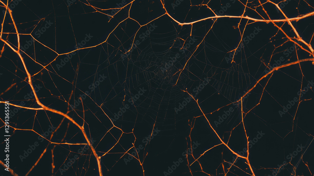 Poster Enchanting background of golden spiderweb stretching across a dark canvas
