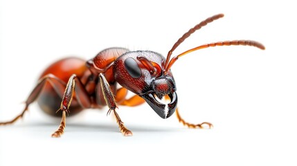 Naklejka premium This macro shot presents a different angle of a vibrant red insect, capturing its fierce appearance and intricate patterns that attract attention in an artistic manner.