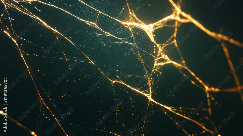 Poster Glowing golden spiderweb pattern on dark background for decorative design