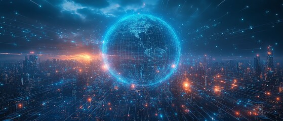 Fototapeta premium Digital art of a city with a large globe at the center, enveloped in a glowing web of digital connections, hightech network design, futuristic city atmosphere, 8K resolution