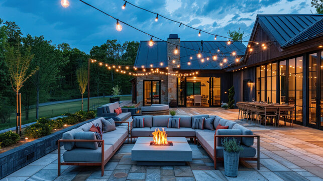 Modern patio with outdoor sectional seating, a fire pit centerpiece, and overhead string lights