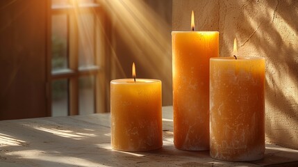 sunlight streaming through a window illuminating three lit amber candles on a rustic wooden surface creating a serene atmosphere
