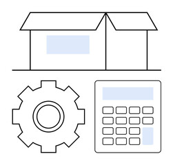 Open box, gear, and calculator symbolize inventory management, logistics, production efficiency, and cost analysis. Ideal for business, finance, operations economics manufacturing strategy