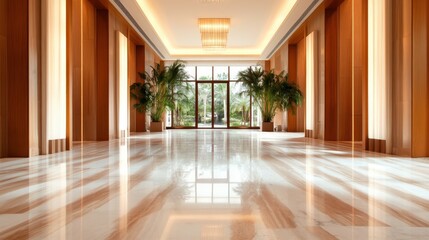 Obraz premium A stylish hotel corridor featuring polished floors and elegant lighting, highlighted by lush greenery that brings a sense of freshness and vitality to the space.
