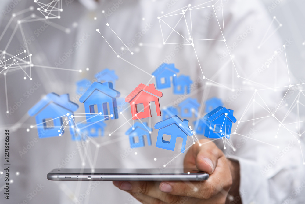 Poster home choice Big data and artificial intelligence concept. Machine learning and cyber mind domination