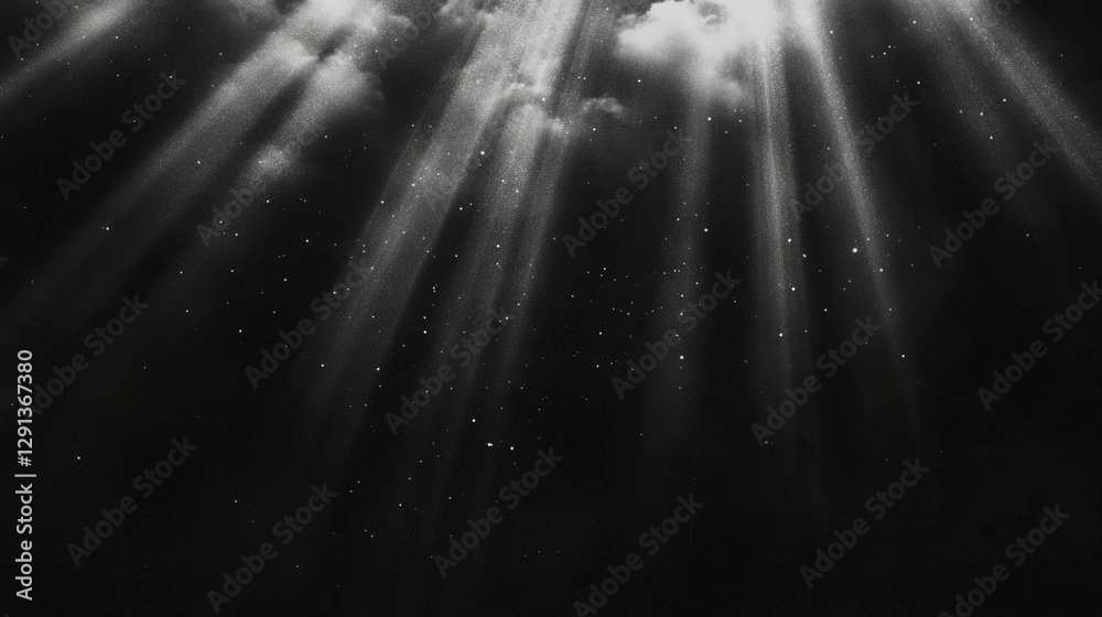 Poster Mysterious grayscale light rays against dark starry background for ambient design