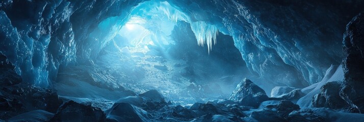 Ethereal blue ice caves glowing from within under soft sunlight