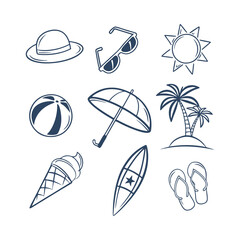Fototapeta premium Summer Beach Day Doodle Element Set Vector Clipart Silhouettes