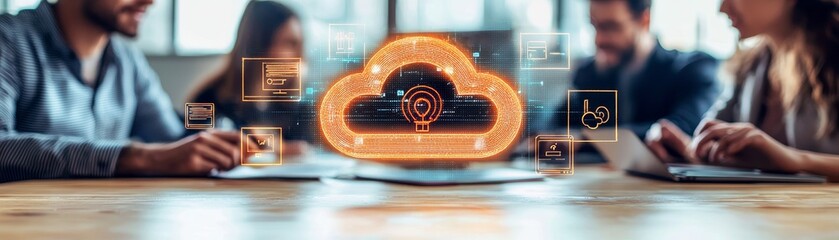 Team of experts collaborating on cloud computing innovations modern office digital technology professional environment close-up perspective