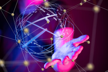 Global network. Blockchain. 3D illustration. Neural networks and artificial intelligence. Abstract