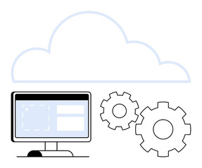 Computer monitor displaying a software interface, large cloud outline, and two gears. Ideal for cloud technology, IT services, software development, system integration, data management, cloud