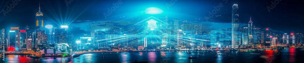 Poster a vibrant night skyline in hong kong, a concept representing business growth and growing up in a dyn