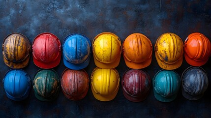 Assorted colorful hard hats piled on a surface. Workplace safety theme,