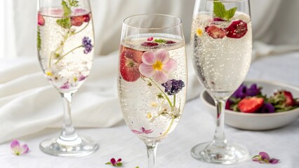Sparkling champagne flutes adorned with fresh flowers and fruits create a vibrant centerpiece for a celebration or special occasion
