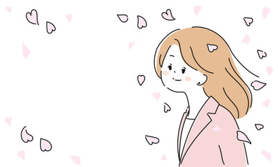 桜吹雪の中のピンクスーツの女性イラストフレーム