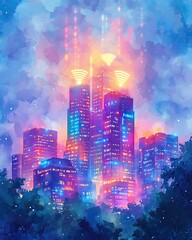 Fototapeta premium A vibrant city skyline illuminated by colorful lights against a dreamy night sky.