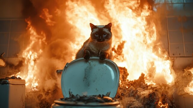 A striking Siamese cat perches precariously on a toilet amidst swirling flames, creating a peculiar and fiery contrast that blends humor with a sense of chaos and surprise.