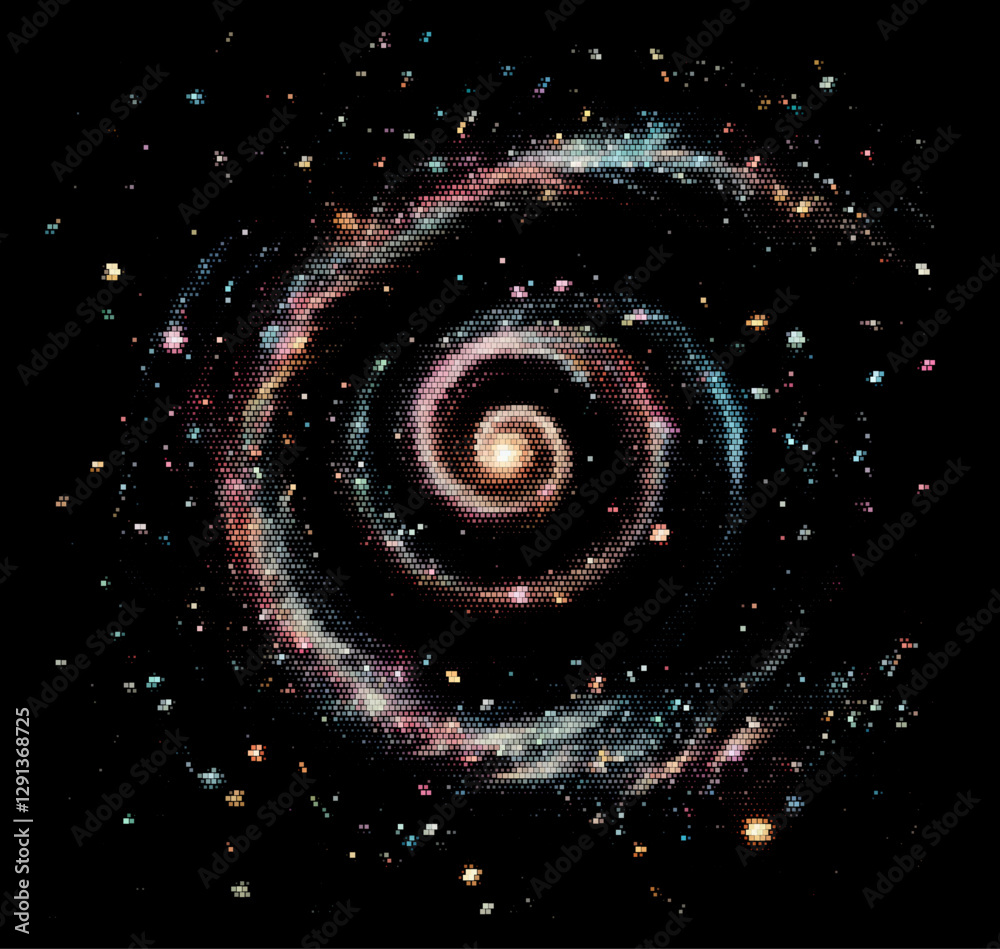 Poster vector illustration of a stunning galaxy with colorful nebulae and stars against a black backdrop. t