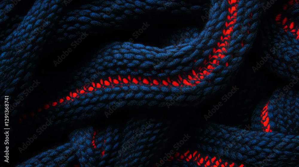 Poster intricate handwoven fabric texture featuring blue and red patterns