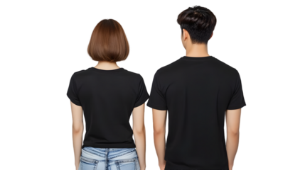 Portrait of a young beautiful woman short hair and handsome man korean wearing a black T-shirt and jeans, back view, mockup template design