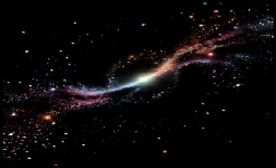 Vector illustration of a stunning galaxy with colorful nebulae and stars against a black backdrop. The cosmic design captures the expansive and vibrant beauty of the universe in a digital style.