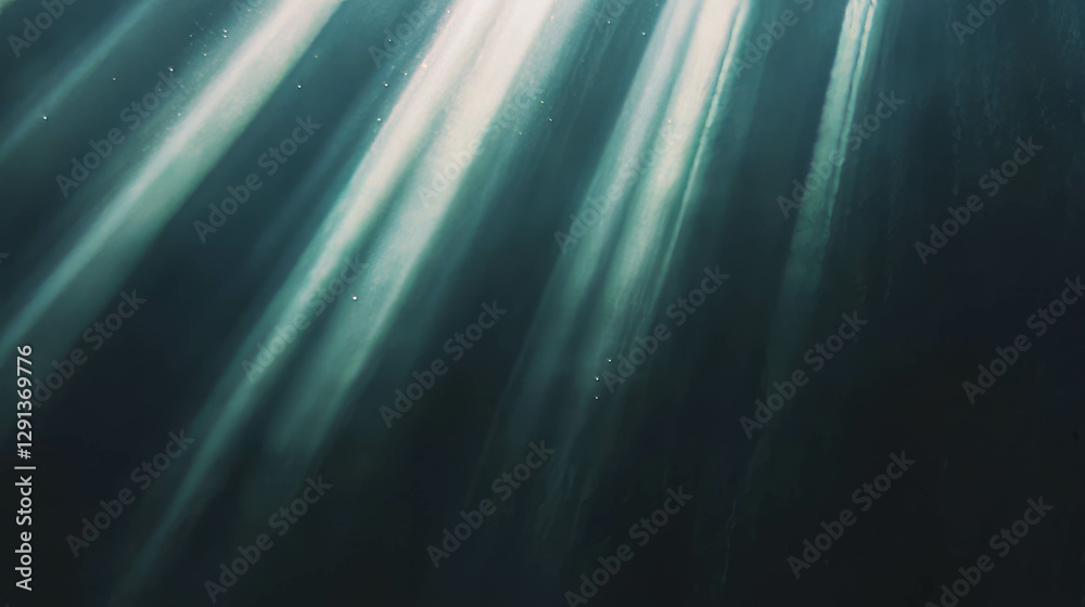 Poster mysterious sunlight beams through ocean depths for tranquil underwater scene and background design