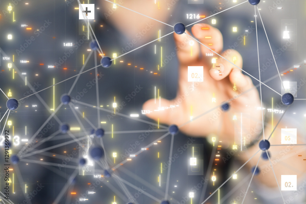 Poster Neural network 3D illustration. Big data and cybersecurity