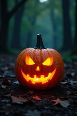 Carved pumpkin with eerie glow on forest floor, carving, spooky