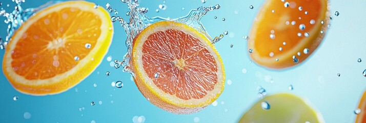Floating citrus slices with juicy splashes on a cool blue gradient background
