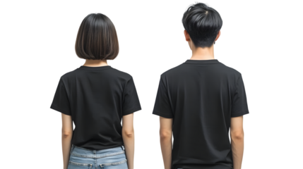 Portrait of a young beautiful woman short hair and handsome man korean wearing a black T-shirt and jeans, back view, mockup template design