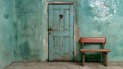 Weathered teal door, wooden bench, old room.  Waiting room, interior design
