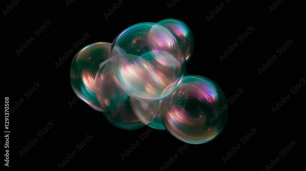 Poster holographic bubbles with swirling patterns against black background