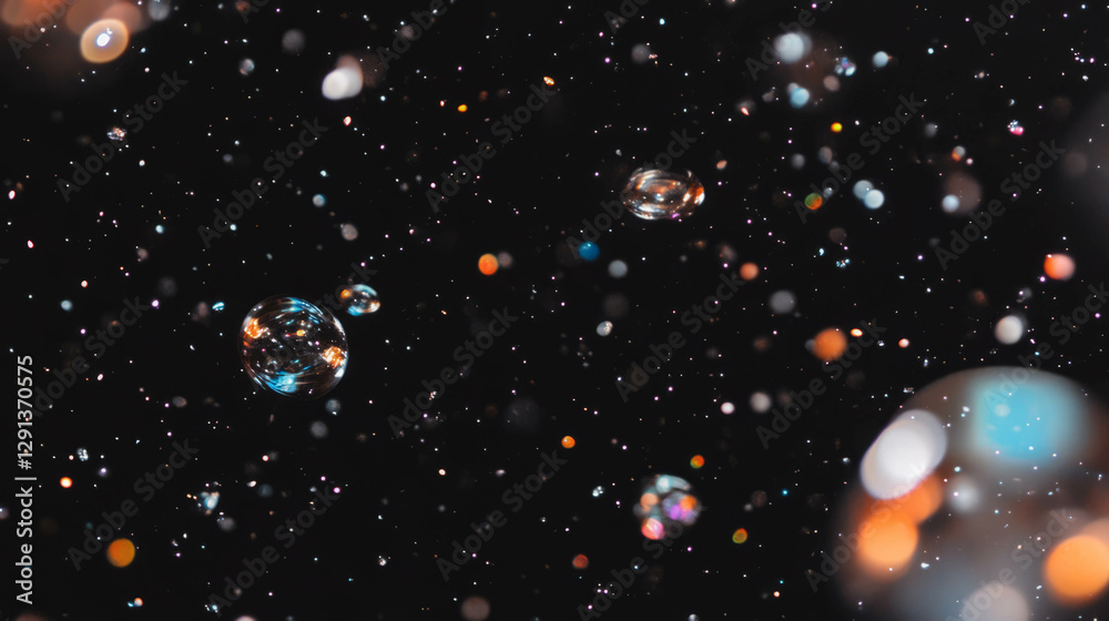Poster ethereal holographic bubble background with sparkling stars for digital design