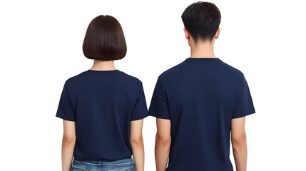 Portrait of a young beautiful woman short hair and handsome man korean wearing a navy blue T-shirt and jeans, back view, mockup template design
