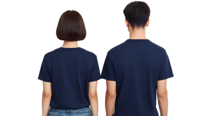 Portrait of a young beautiful woman short hair and handsome man korean wearing a navy blue T-shirt and jeans, back view, mockup template design