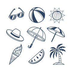 Summer Doodle Beach Day Element Set Collection Silhouettes Vector Clipart Isolated Illustration