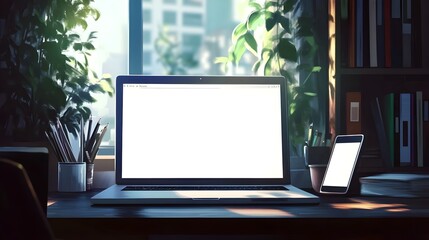 Fototapeta premium A modern workspace with a laptop and smartphone featuring blank screens, concept for mockups, branding, digital content creation, technology, productivity, remote work, digital marketing, app developm