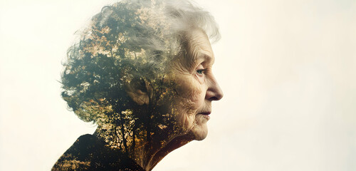 Elderly woman faces memory loss, double exposure with younger self