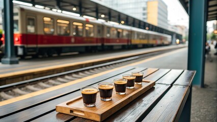 Fototapeta premium Espresso shots displayed on a wooden bench at a bustling transit station during a sunny afternoon