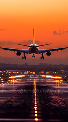 A plane is taking off from the airport runway at sunset
