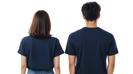 Portrait of a young beautiful woman short hair and handsome man korean wearing a navy blue T-shirt and jeans, back view, mockup template design