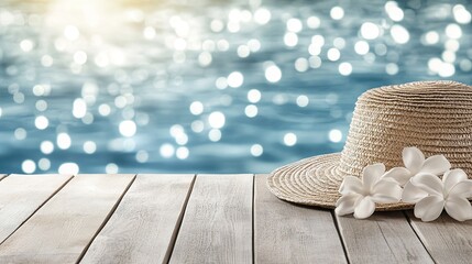Sunlit straw hat rests against a backdrop of sparkling blue water, evoking the essence of summer relaxation and warmth