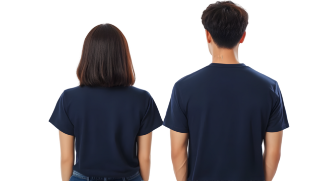 Portrait of a young beautiful woman short hair and handsome man korean wearing a navy blue T-shirt and jeans, back view, mockup template design