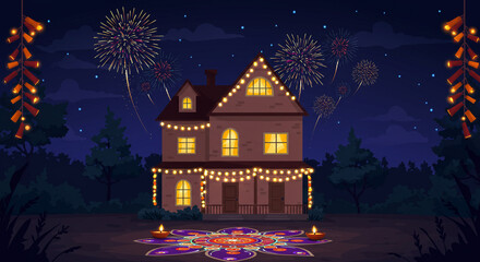 Fototapeta premium Festive Diwali Night with Illuminated House and Colorful Fireworks