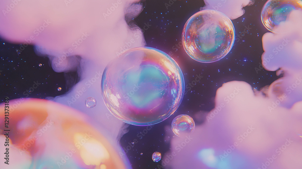Poster dreamy iridescent bubbles and clouds in cosmic setting for creative design