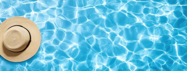 Sunlit straw hat rests against a backdrop of sparkling blue water, evoking the essence of summer relaxation and warmth