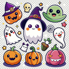 Fototapeta premium Hand drawn horror halloween elements collection. Halloween fashion quirky kawaii cartoon doodle patch badges with cute ghosts and pumpkins. Vector illustration.