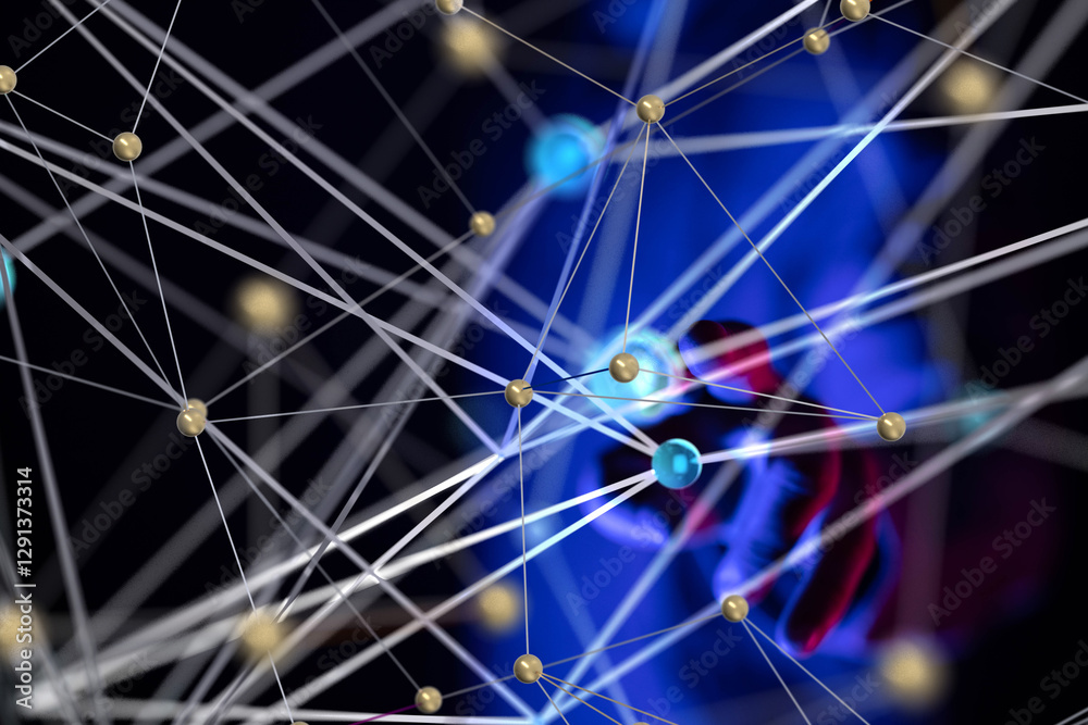 Poster Global network. Blockchain. 3D illustration. Neural networks and artificial intelligence. Abstract