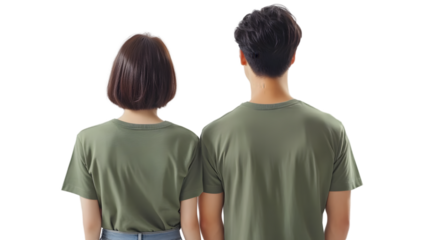 Portrait of a young beautiful woman short hair and handsome man korean wearing a green T-shirt and jeans, back view, mockup template design